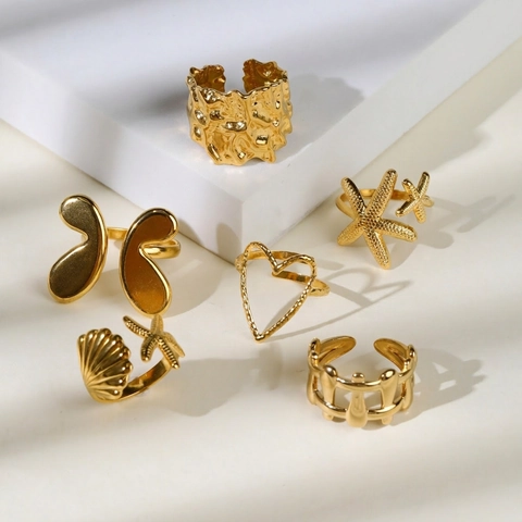 Stainless Steel Rings Gold Plated Adjustable Starfish Seashell Butterfly Heart Lava Textured Retro Fashion Jewelry Women