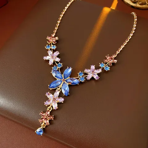 Collana Di Fiori Vintage Strass Lega Cristallo Colorato Forma Di V Ciondolo Lacrima Stile Reale Gioielli Donne