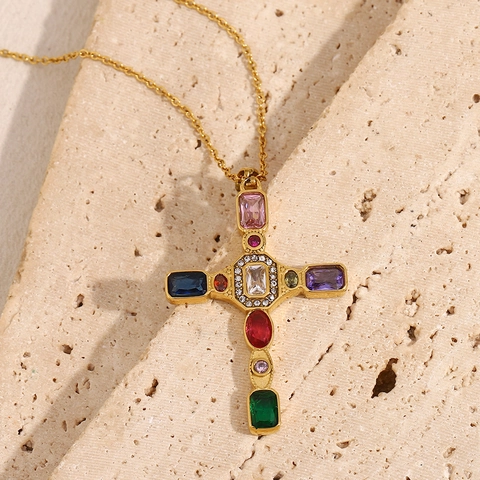 Collana Con Pendente A Croce In Acciaio Inossidabile Placcato Oro 18K Vintage Con Zirconi Colorati Strass Stile Francese