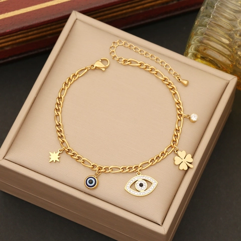 Blaues Böses Auge Halskette Armband Ohrringe Edelstahl Doppelstöckig Sonnenstrahl Vergoldet Boho Schmuck