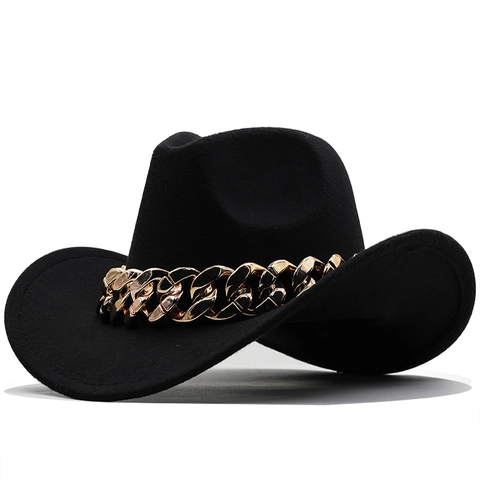 Retro Woolen Felt Cowboy Hat With Gold Chunky Chain Decorative Wide Brim Jazz Fedora For Men And Women Fashionable
