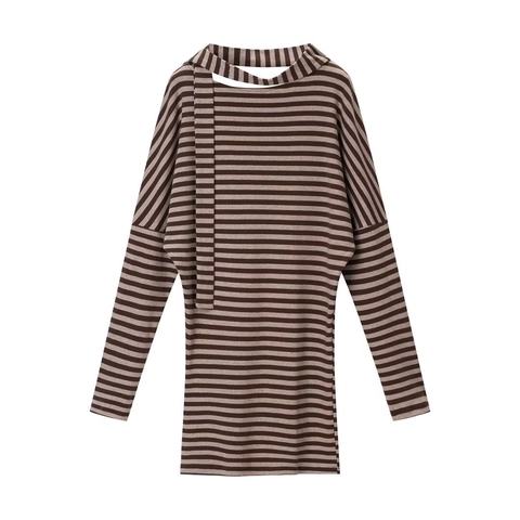 Gestreiftes Strick Mini Kleid Langarm Schulterfrei Mit Schal Detail Rückenausschnitt Schlankheits Effekt Mode Für Damen