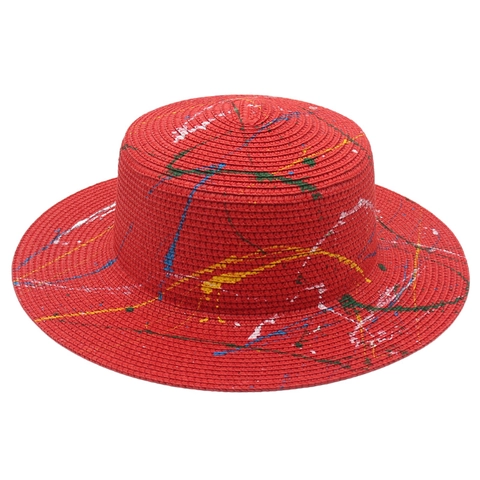 Chapeau De Paille Boater Bord Large Peinture Éclaboussée Colorée Graffiti Style Français Été Plage Tendance