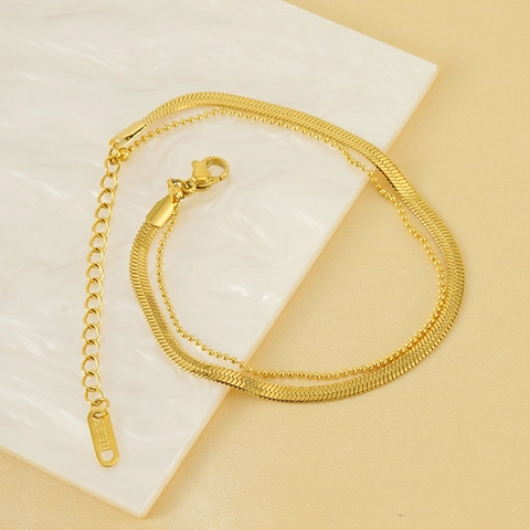 Tobillera De Doble Capa De Acero Inoxidable Para Mujer Chapado En Oro De 18K Cadena De Serpiente Y Cuentas Joyería