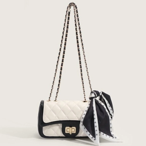 Women Quilted Crossbody Bag PU Leather Contrast Color Chain Strap Elegant Shoulder Bag With Scarf Decor