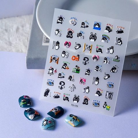 5D Embossed Nail Art Stickers Cute Cartoon Penguin Adhesive Relief Decals Japanese Lettering DIY Manicure Decoration