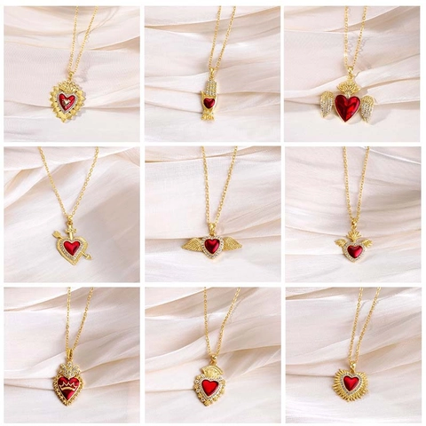 Vintage Kupfer 14K Vergoldet Heiliges Herz Halskette Für Damen Zirkonia Eingelegt Rotes Herz Anhänger Krone Flügel Schmuck