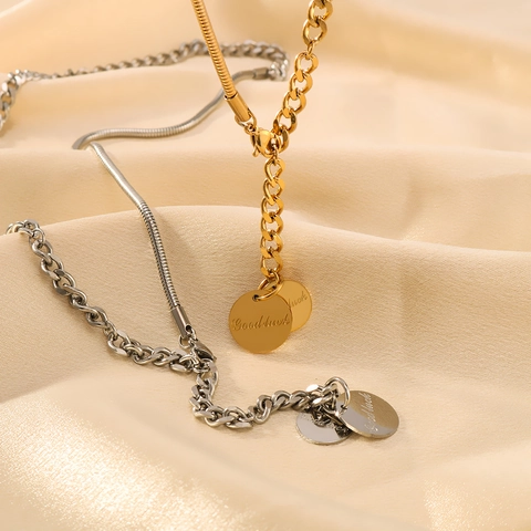 Stainless Steel Necklace Mixed Cuban And Snake Chain Round Disc Pendant Good Luck Engraved OT Buckle For Women
