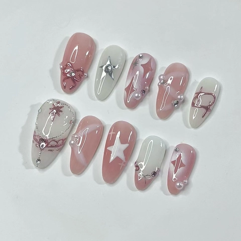 Faux Ongles Longue Amande French Dégradé Rose Blanc Avec Noeud 3D Künstliche Perle Étoile Décor Ongles Artificiels