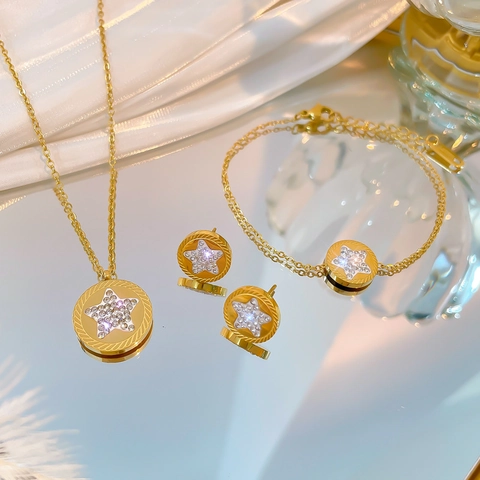 Minimalist Star Pentagram Round Pendant Jewelry Stainless Steel Rhinestone Gold Plated Necklace Bracelet Stud Earrings For Women