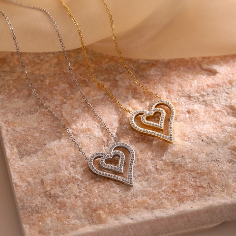 Dubbel Hart Hanger Ketting Roestvrij Staal Zirkoon Ingelegd Minimalistische Sleutelbeen Ketting Voor Vrouwen