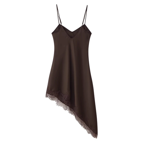 Vestito Lungo In Raso Con Bordo In Pizzo Schiena Scoperta Orlo Asimmetrico Spalline Sottili Regolabili Scollo A V Elegante Per Donna