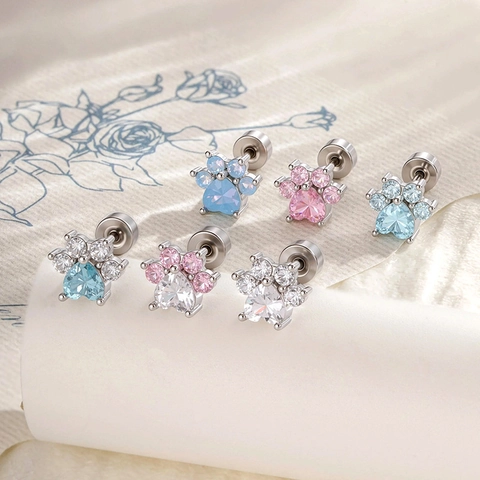 Cat Paw Cartilage Earring Stud Cute Cubic Zirconia Copper Titanium Steel Post Screw Back Piercing Jewelry For Women Sweet
