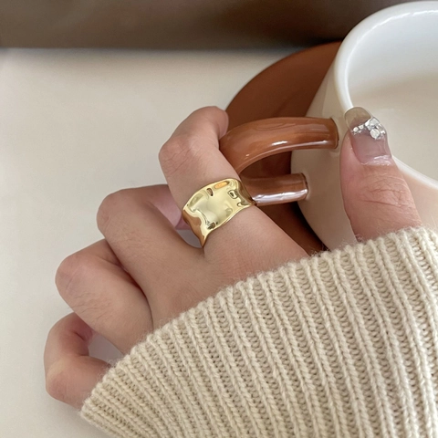 925 Sterling Silver Ring Irregular Wave Minimalist Adjustable Open Wide Band Geometric Hammered Texture For Women