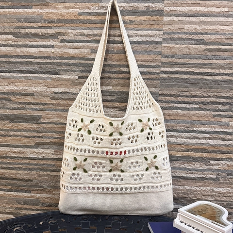 Gehäkelte Strickhandtasche Polyester Hollow Out Tote Bag Mit 3D Blumenstickerei Handgefertigt Bohemian Mori Stil