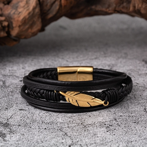 Men Multi-layer Leather Bracelet Stainless Steel Feather Charm Woven Braided Bangle Punk Vintage Casual With Magnetic Clasp