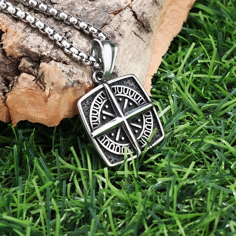 Vintage Compass Pendant Necklace Stainless Steel Square Polished Medallion Retro Punk Jewelry For Men