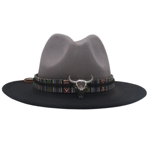 Breitkrempiger Fedora Hut Wollmischfilz Western Cowboy Bullenschädel Metallverzierung Ethnisch Gewebtes Band Zweifarbig