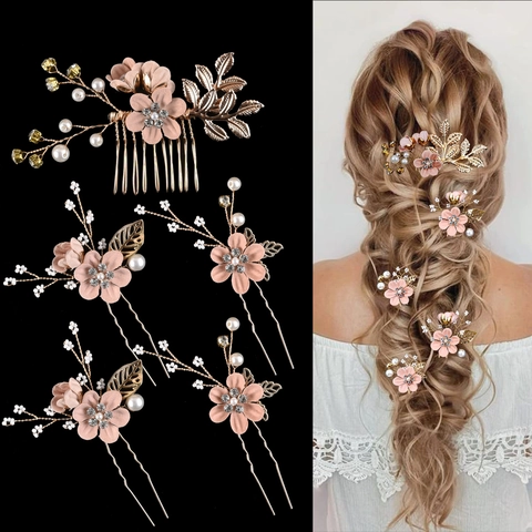 Peigne À Cheveux Mariée Floral Épingles Mariage Bijoux De Tête Or Alliage Cristal Künstliche Perle Artificielle Strass Femmes Cheveux