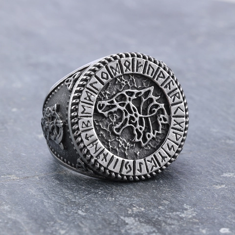 Viking Wolf Head Ring Stainless Steel Rune Celtic Knot Retro Nordic Jewelry For Men