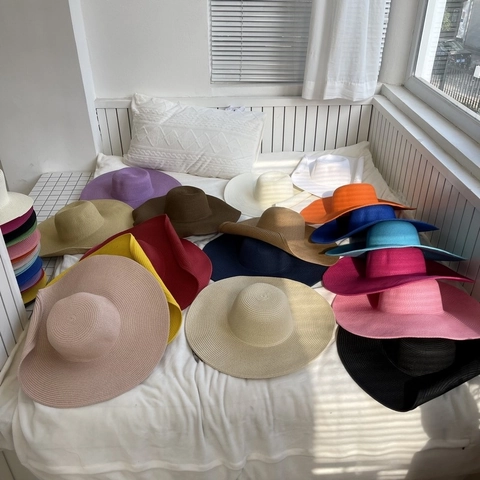 Women Wide Brim Paper Straw Sun Hat 15cm Rollable Beach Hat UV Protection Foldable Summer Elegant Sunshade Woven Vacation Hat
