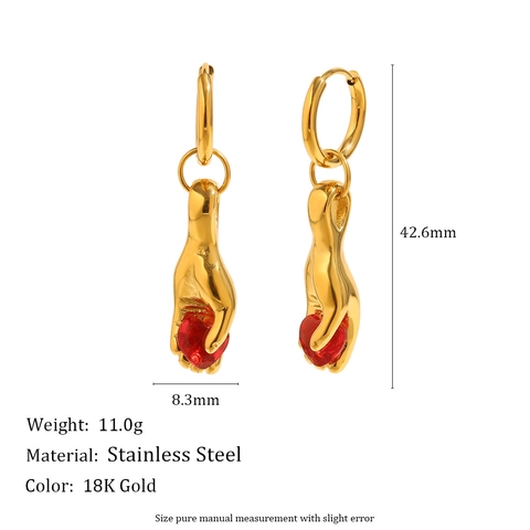 Pendientes Colgantes De Acero Inoxidable Chapado En Oro De 18K Mano Sujetando Gema De Corazón Rojo Estilo Retro Para Mujeres