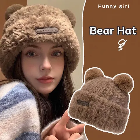 Bear Ear Plush Beanie Hat Faux Fur Warm Thickened Winter Knit Cap For Women Girls Cute Kawaii Outdoor Windproof