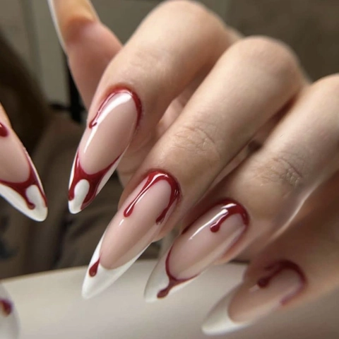 Uñas Postizas De Halloween Stiletto Largo Con Gotas De Sangre Borde Francés Blanco Estilo De Terror Para Mujeres Kit DIY