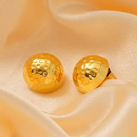 Hammered Round Stud Earrings 18K Gold Plated Stainless Steel Dimpled Hemispherical Minimalist Jewelry For Women
