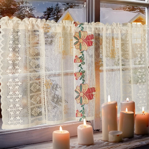 Christmas Coffee Curtain Polyester Lace Embroidered Bells Snowflakes Short Window Valance Festive Home Decor