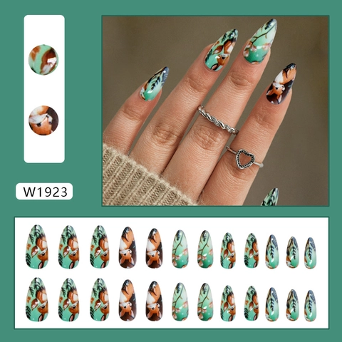 Long Almond Stiletto Press On Nails Artificial False Nails Forest Deer Animal Floral Pattern Detachable Glue For Women