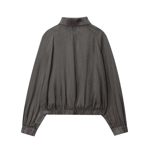 Women Casual Bomber Jacket Cotton Polyamide Crinkle Fabric Stand Collar Drawstring Zipper Elastic Cuff Solid Color