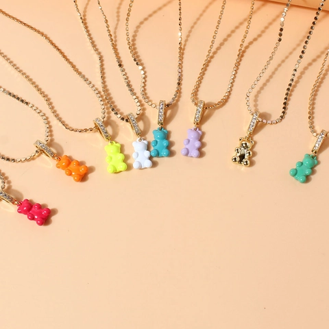 Collana Con Ciondolo A Forma Di Orso Gioielli In Resina Colorata Con Catena A Sfere In Rame E Zirconi