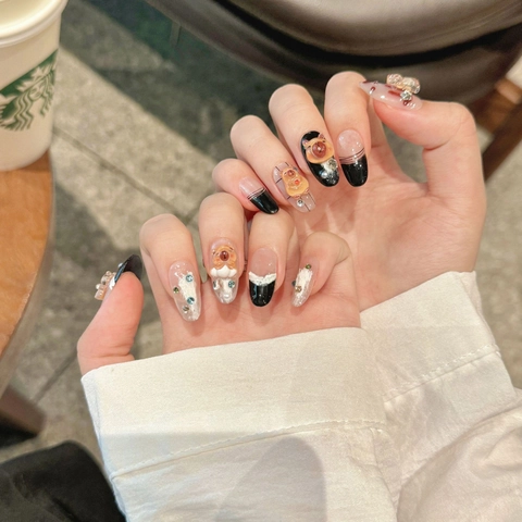 Uñas Postizas Hechas a Mano 3D Carpincho Ojo de Gato Diseño Animal Lindo Con Diamante de Imitación Perla Artificial Cortas Ovaladas