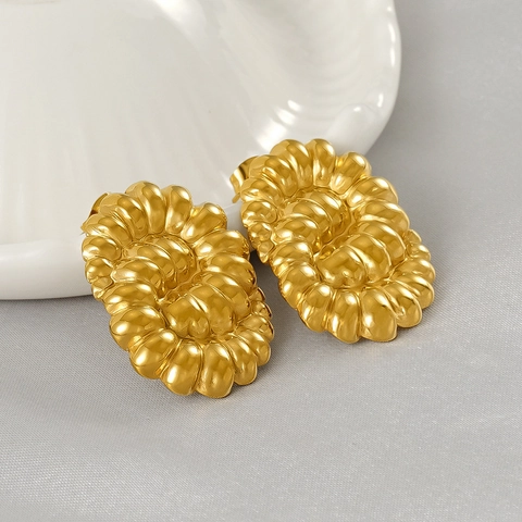 Vintage Klobige Ovale Ohrstecker 18K Vergoldeter Edelstahl Strukturierte Gedrehte Gerippte Schmuck Für Damen