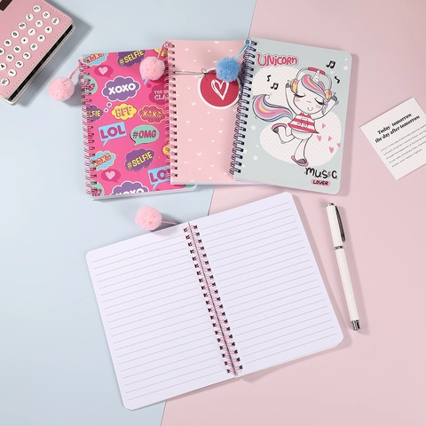 Spiral Notebook With Plush Pom Pom Charm Cartoon Unicorn Heart Pattern Lined Paper Journal Stationery For Students Girls