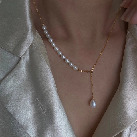 Elegant Freshwater Pearl Necklace For Women Gold Plated Copper Chain Teardrop Pendant Adjustable Choker Jewelry Gift