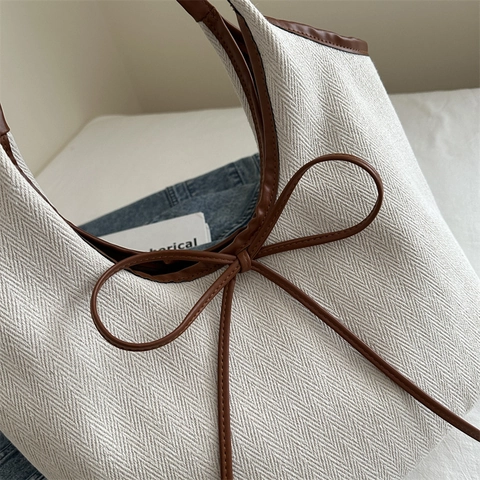 Damen Große Kapazität Tote Tasche Fischgrätenmuster Stoff PU Lederbesatz Schleife Pendler Schultertasche Lässig