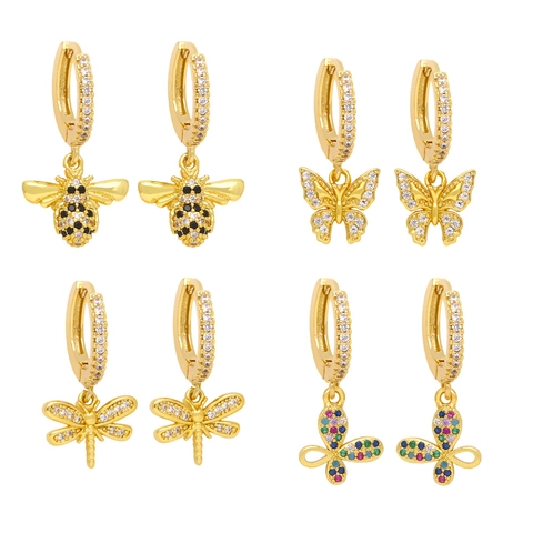 Orecchini A Cerchio Insetti Rame Placcato Oro Zircone Farfalla Ape Libellula Gioielli Raffinati Per Donna Regali Di Moda