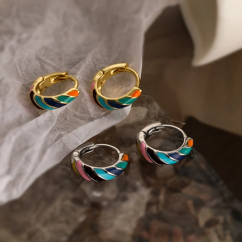 Boho Vintage Kleurrijke Emaille Huggie Hoop Oorbellen Koper Goud Zilver Verguld Retro Geometrische Sieraden Dames