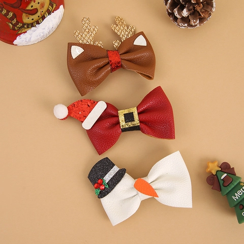 Mollette Per Capelli Fiocco Natale Pelle PU Glitter Cappello Babbo Natale Pupazzo Neve Corna Renna Decorazione Festa Accessori Capelli