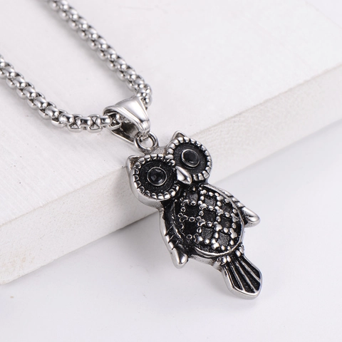 Owl Pendant Necklace 304 Stainless Steel Black Rhinestone Eyes Vintage Gothic Punk Jewelry For Men Women