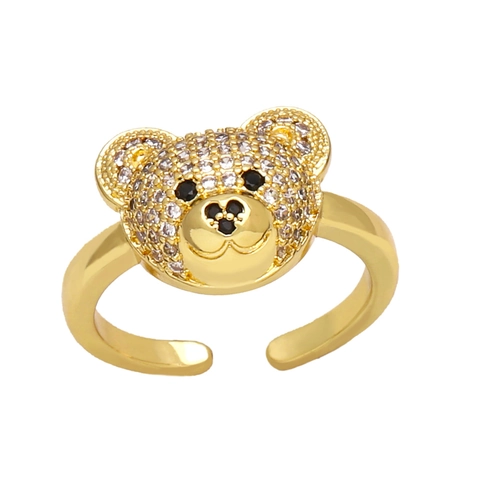 Cute Bear Head Open Ring For Women Copper Gold Plated Zirconia Micro Pave Adjustable Finger Ring Sweet Fashion Jewelry Gift