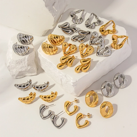 Orecchini Acciaio Inossidabile Placcato Oro 18K Vintage Croissant Cuore Martellato Cavo Goccia Gioielli Donna Minimal