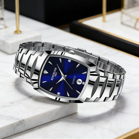 Men Quartz Watch Stainless Steel Band Waterproof Luminous Calendar Date Rhinestone Casual Business Barrel Shape Wristwatch