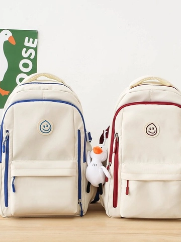 Casual Backpack Schoolbag Students Teens Large Capacity Oxford Cloth Contrast Color Smiley Patch Duck Charm Minimalist