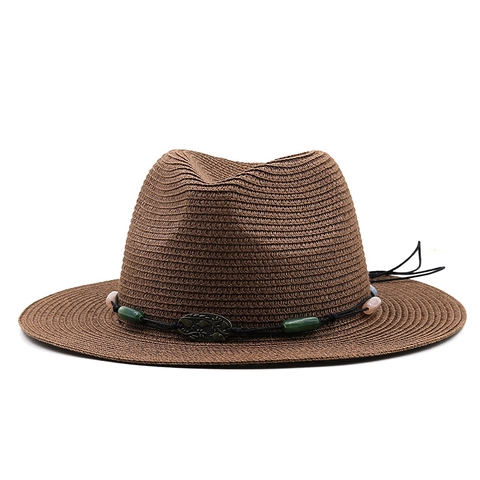 Cappello Di Paglia Fedora Donna Tesa Larga Traspirante Protezione Solare Vacanze Estive Spiaggia Boho Perline Decorazione Metallo Retro