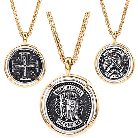 Collier Pendentif Médaille Archange Saint Michel En Acier Inoxydable Bicolore Or Argent Bijoux De Prière Vintage Pour Hommes