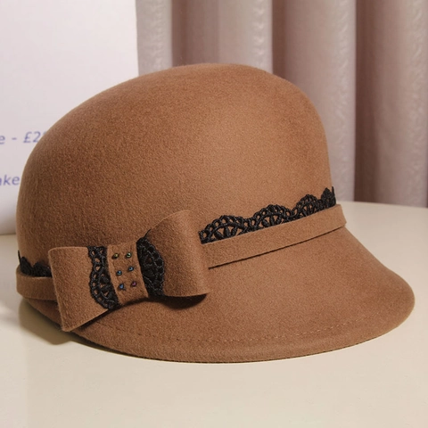 Chapeau Cloche Femme Elegant En Feutre De Laine Avec Noeud Et Dentelle Style Equestre Vintage Hiver Chaud