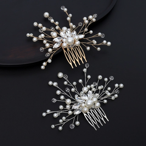 Peineta De Novia Elegante Hecha A Mano Aleación Perla Artificial Cristal Diseño Floral Rama Tocado De Boda Para Mujer